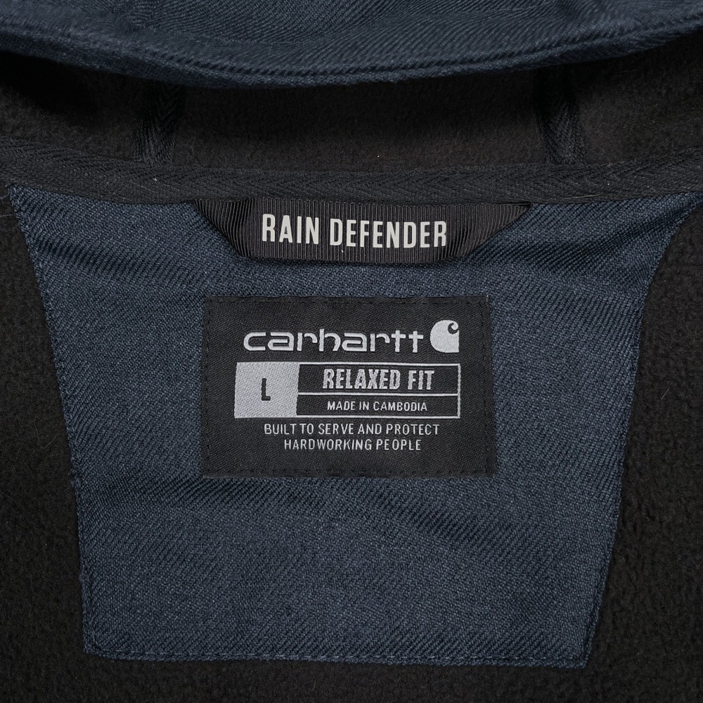 Carhartt Rain Defender Hooded Shirt Jac Mens L Navy Blue Fleece Lined Shacket - Picture 10 of 14